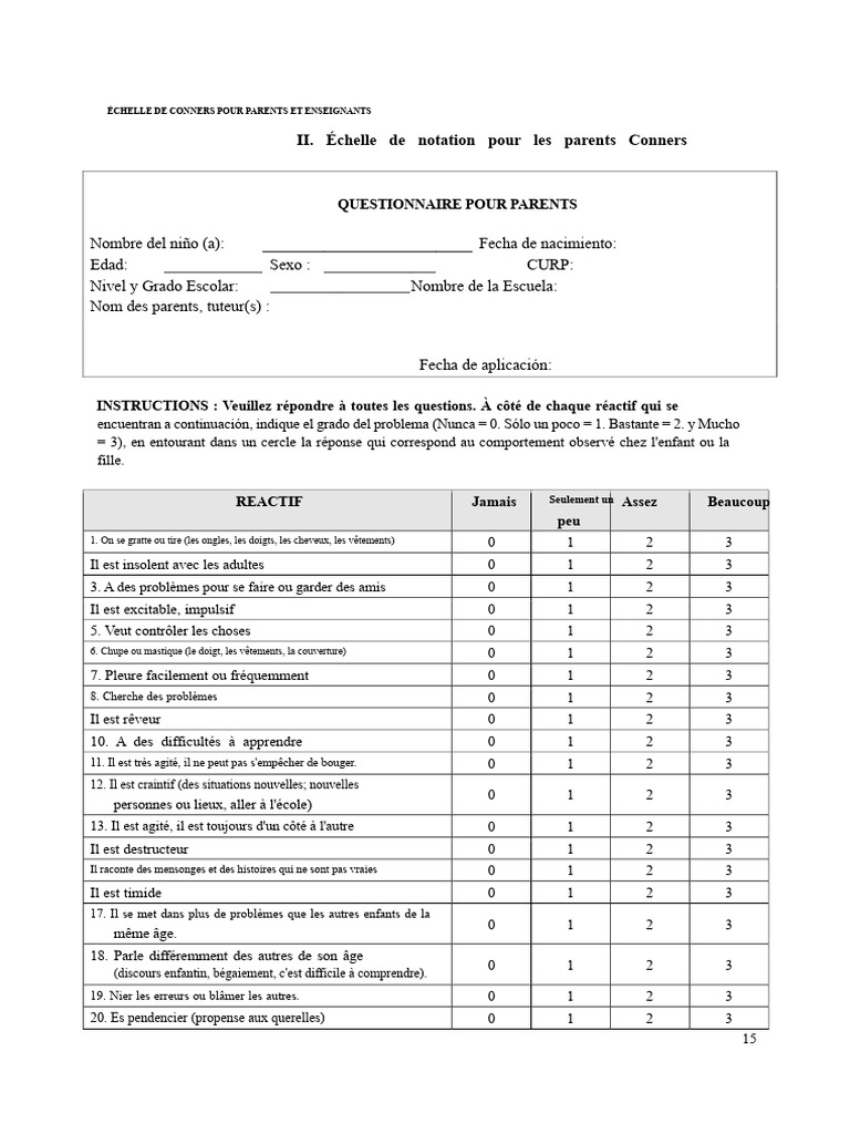 Échelle Conners : Questionnaire Parents | PDF