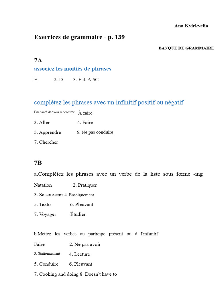 Exercices de grammaire française 7A-7C | PDF