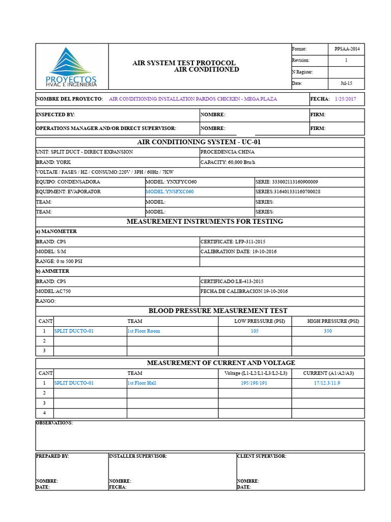 Air Conditioning System Test Protocol | PDF | Calibration | Mains ...