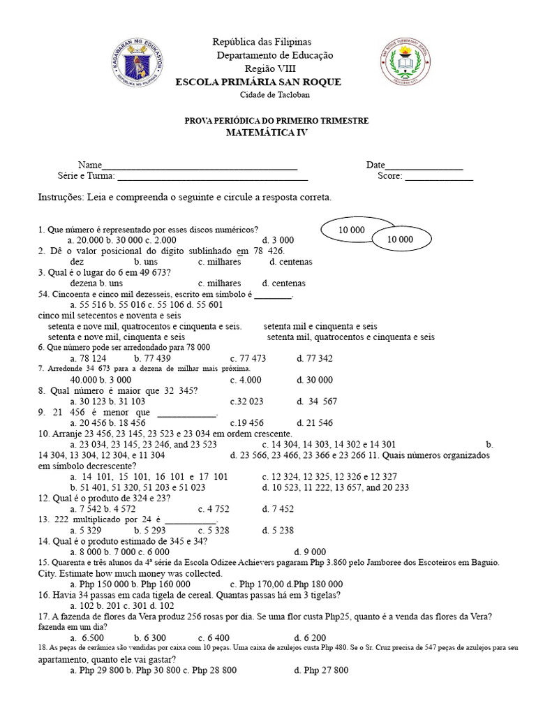 Prova de Matemática IV - 1º Trimestre | PDF | Número inteiro | Divisão ...