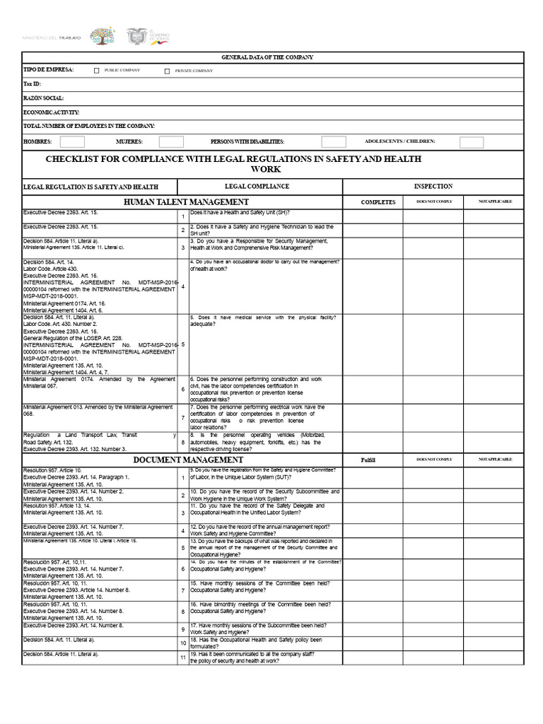 Inspection Format For 10 or More Workers - MDT | PDF | Occupational ...