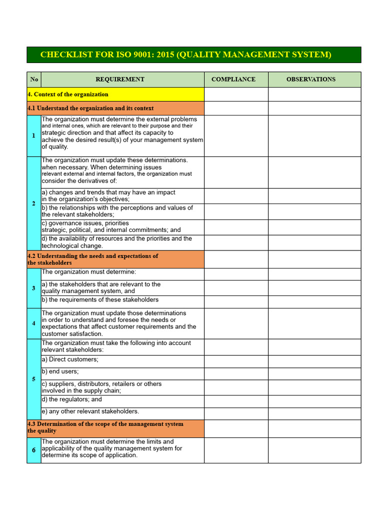 ISO 9001:2015 Quality Management Checklist | PDF | Quality Management ...