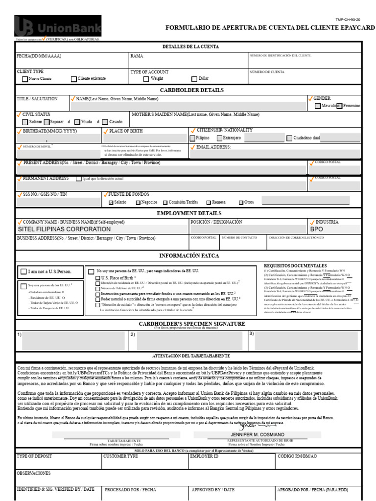 NUEVO - Formulario de Apertura de Cuenta Epaycard Cliente... | PDF ...