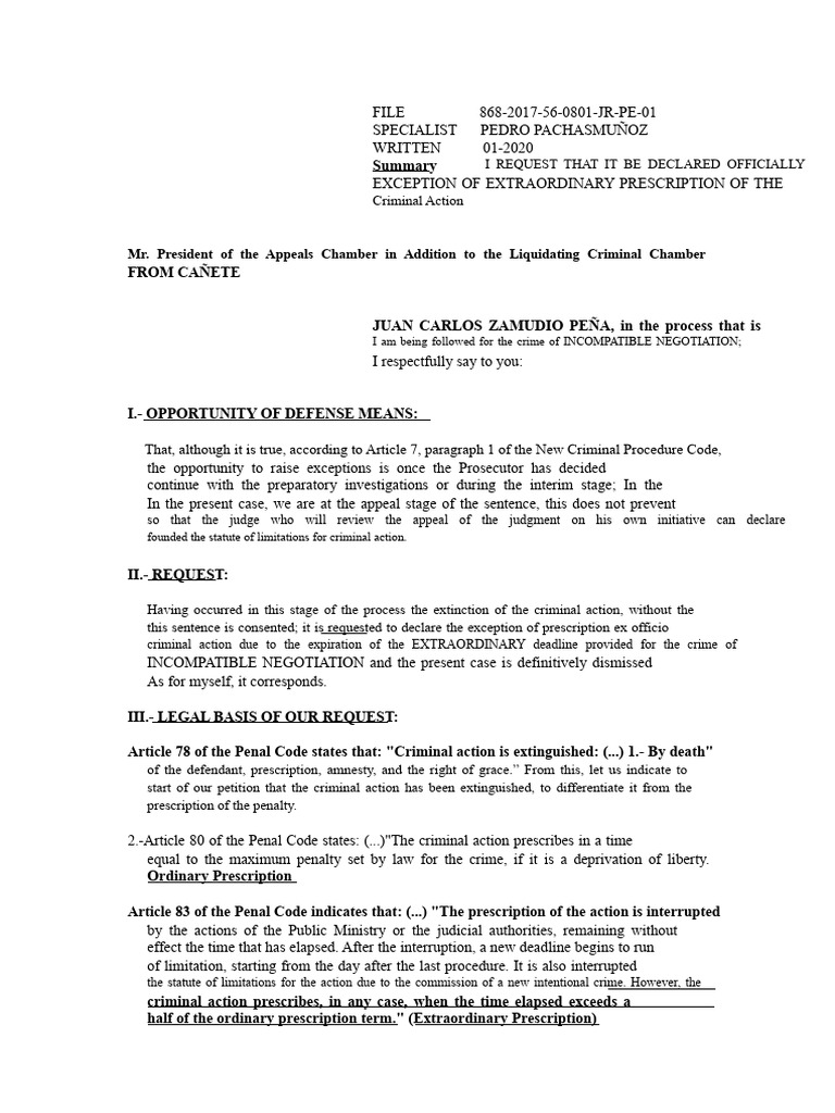 Exception of Extraordinary Prescription Request | PDF | Statute Of ...