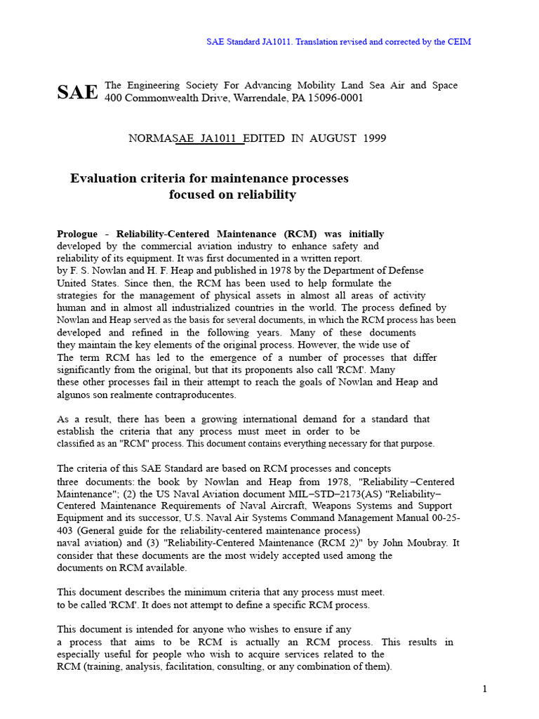SAE JA1011: RCM Evaluation Criteria | PDF