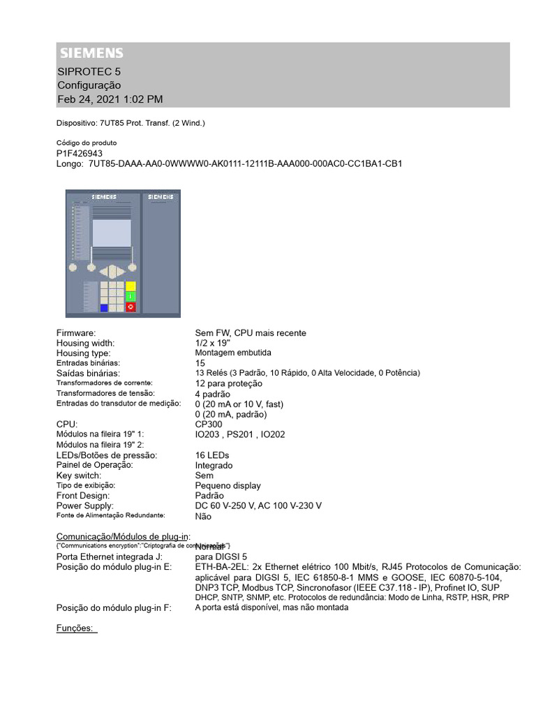 Configuração do SIPROTEC 5 7UT85 | PDF | Transformador | Bens manufaturados