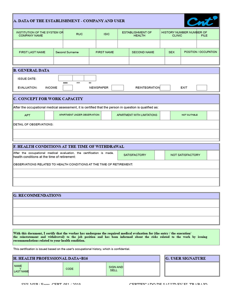 Occupational Health Certification Form | PDF