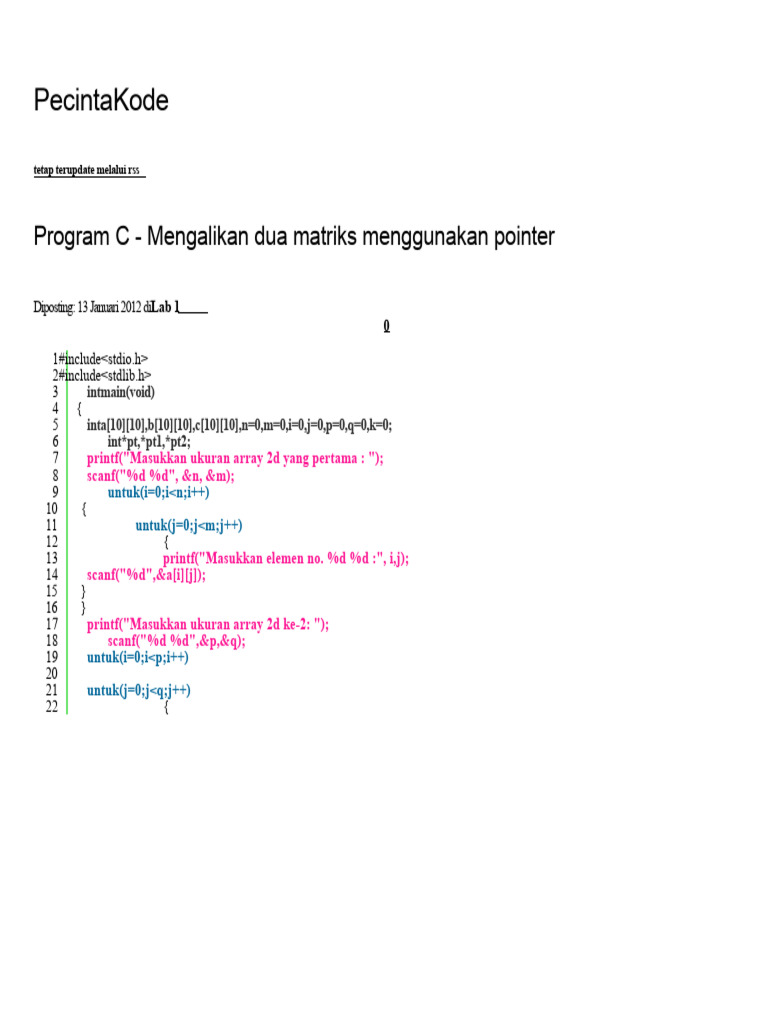 Mengalikan Matriks dengan Pointer C | PDF