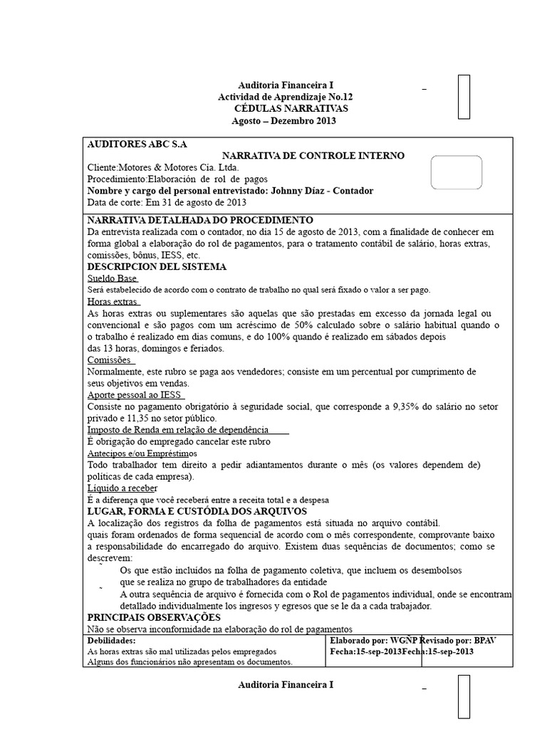 Controle Interno em Auditoria Financeira | PDF | Contabilidade | Hora extra