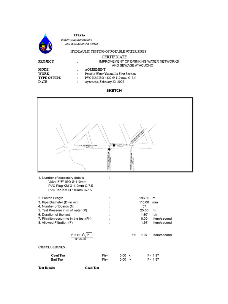 Hydraulic Test Format Drinking Water | PDF | Pipe (Fluid Conveyance ...