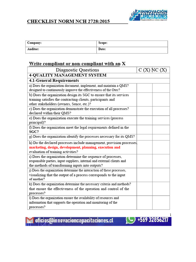 NCH 2728:2015 Quality Management Checklist | PDF | Verification And ...