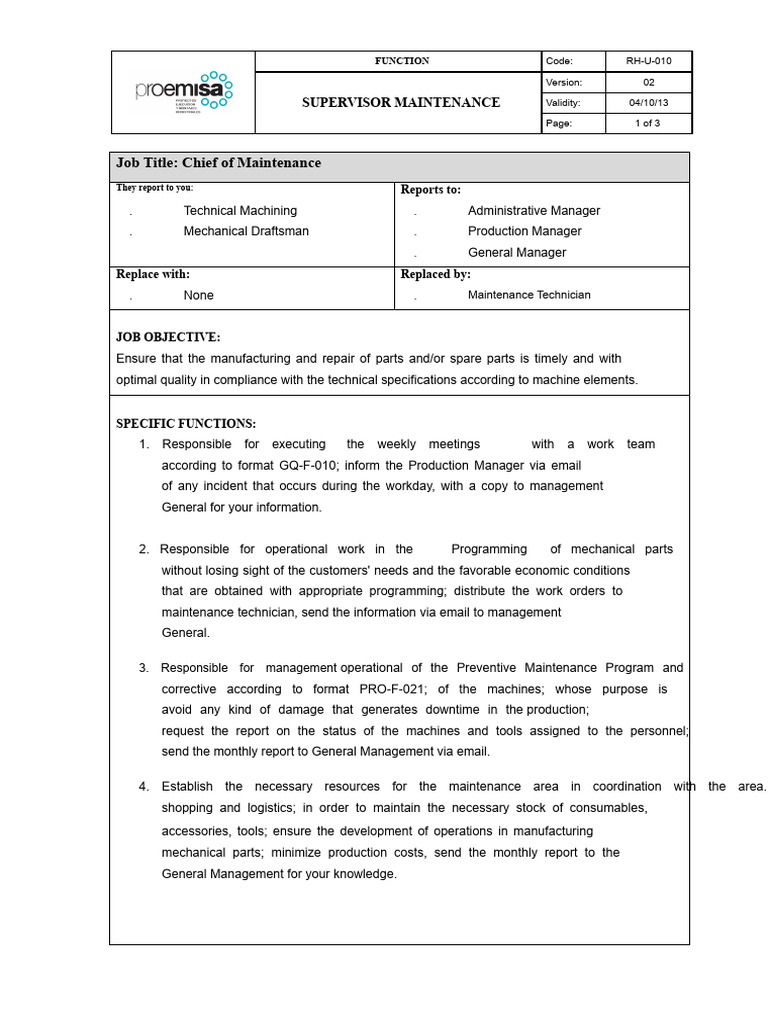 Maintenance Supervisor Job Description | PDF | Business