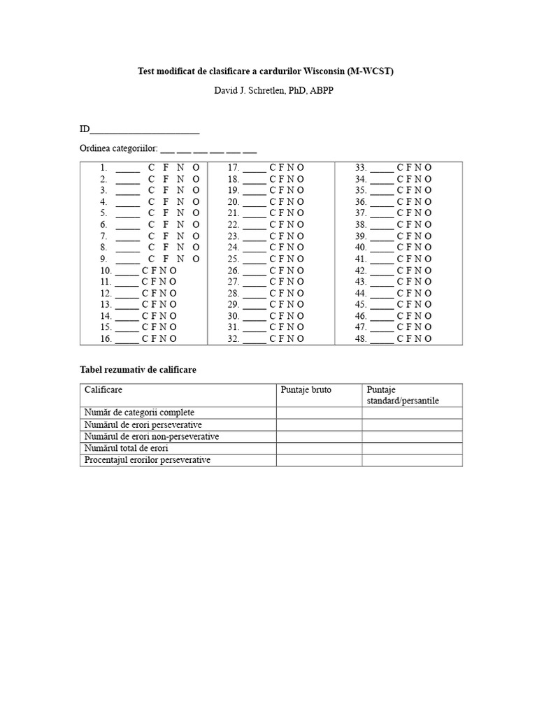 M WCST Protocol | PDF