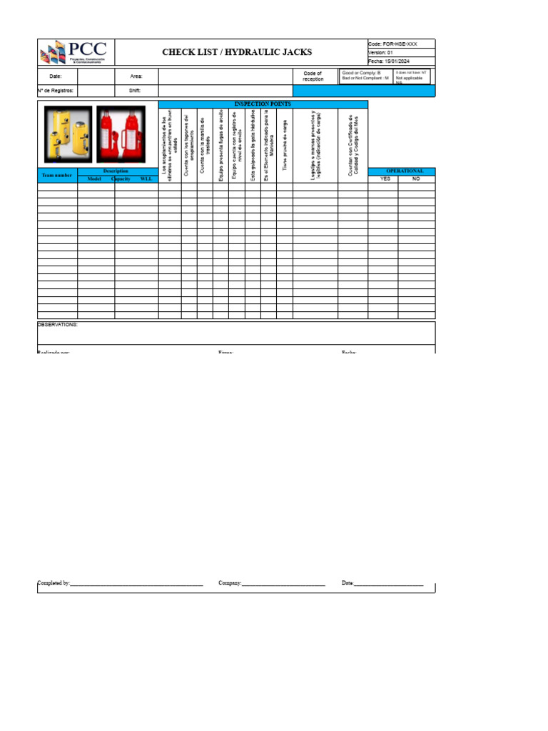 Hydraulic Jacks Inspection Checklist | PDF