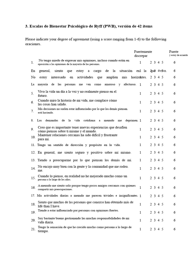 Escalas de Bienestar Psicológico PWB | PDF
