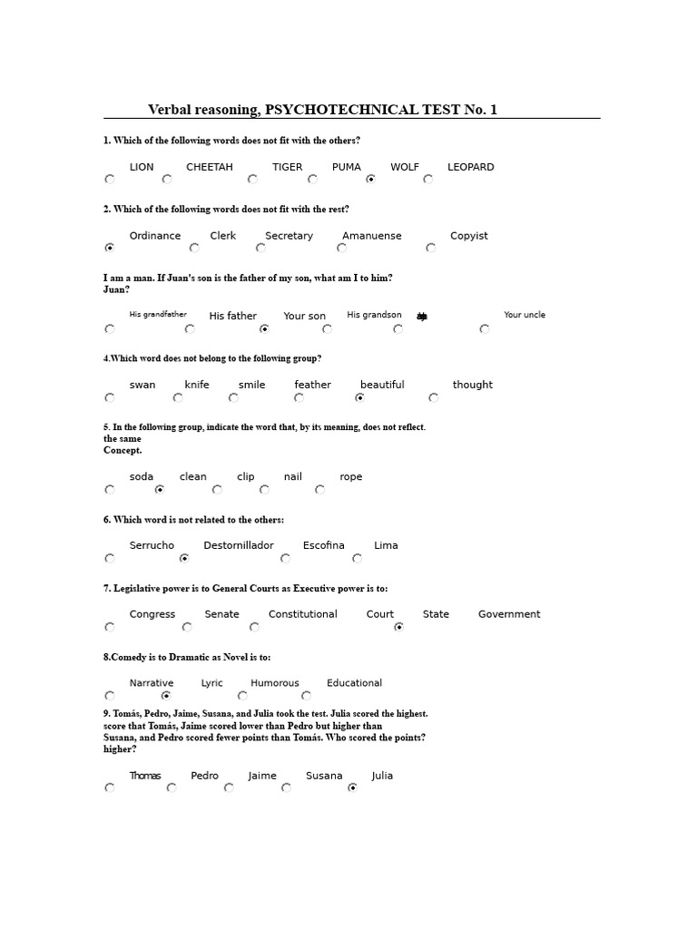 Verbal Reasoning Psychotechnical Test 1 | PDF