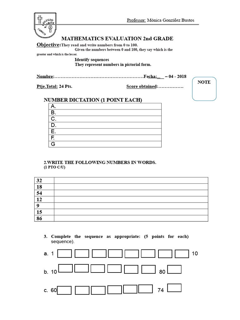 2nd Grade Math Evaluation: Numbers 0-100 | PDF | Mathematics