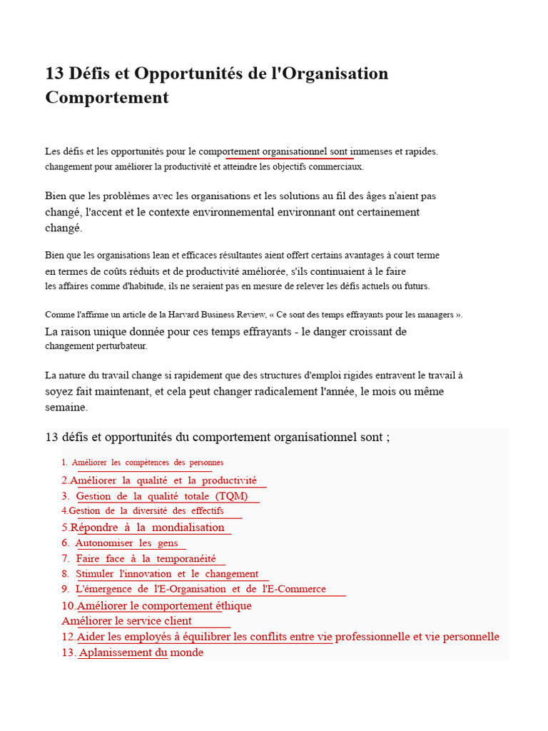 Défis et Opportunités en Comportement Organisationnel | PDF ...