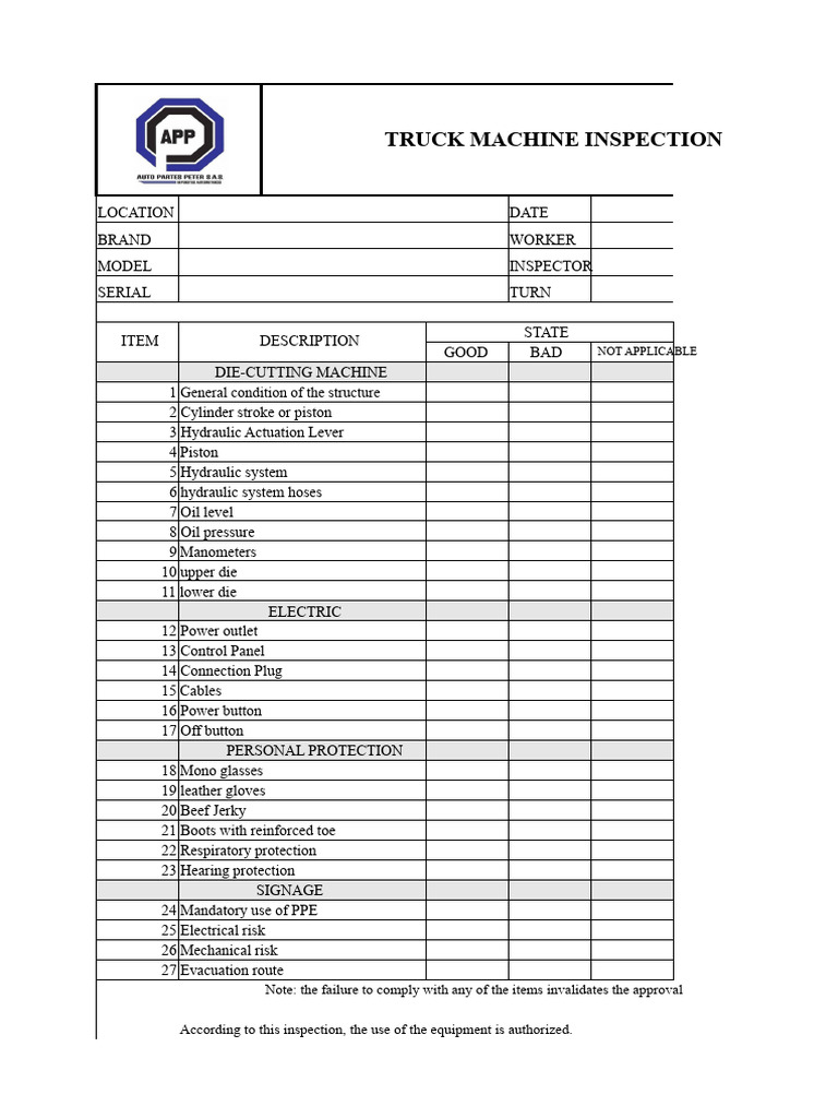 Truck Machine Inspection Checklist | PDF | Machines | Mechanical ...