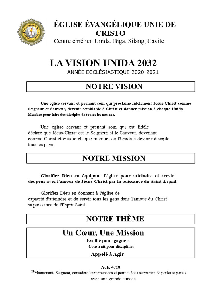Vision et Mission de l'Église Unida 2032 | PDF | Église chrétienne | Jésus