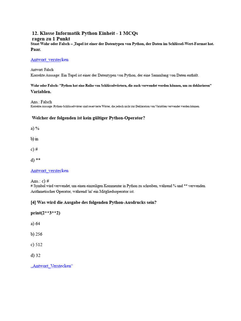 Klasse Informatik Python Einheit-1 Notizen | PDF