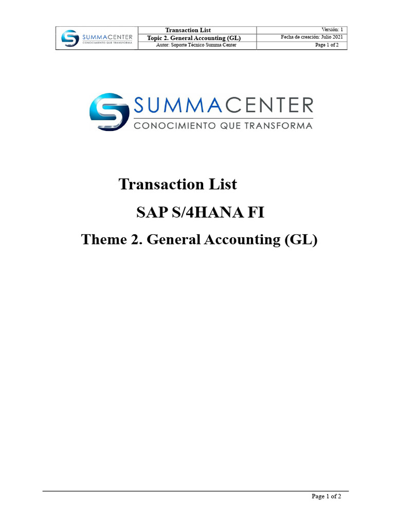 Main SAP S4HANA FI Transactions - Topic 2 (General Ledger GL) | PDF ...