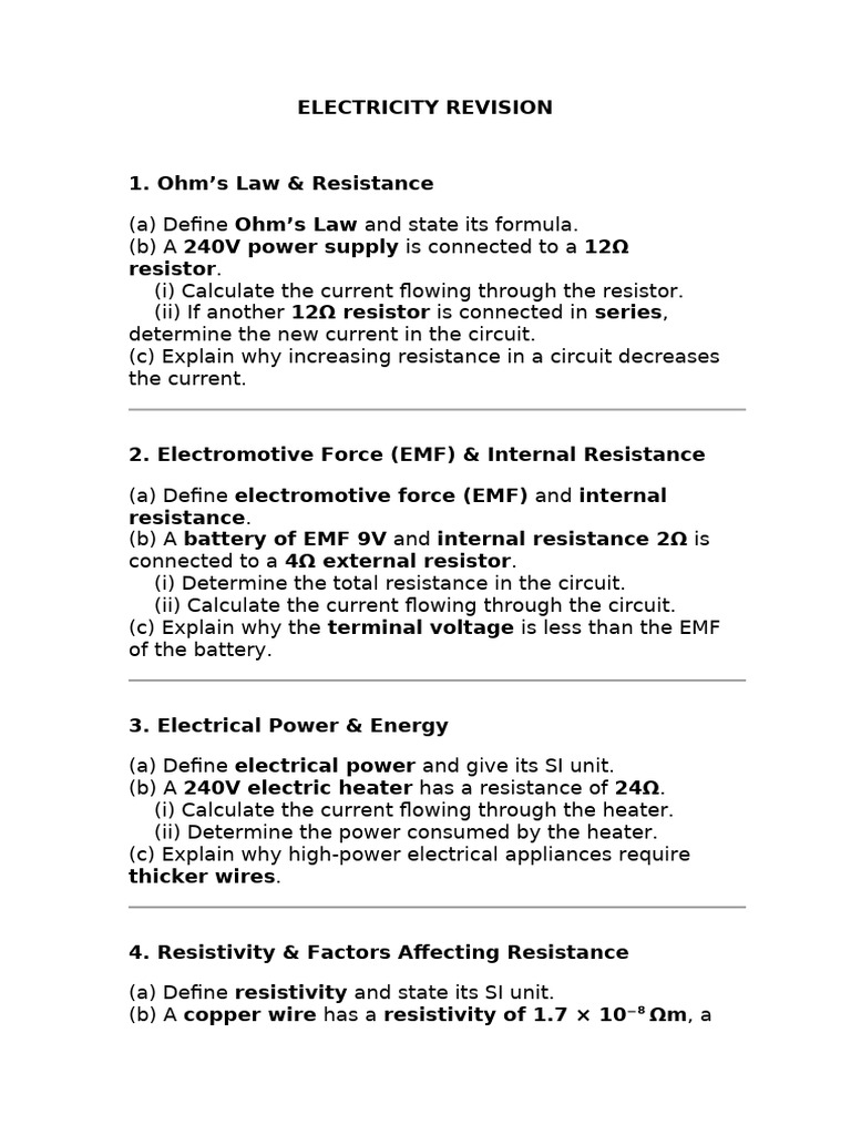 Electricity Revision: Key Concepts & Calculations | PDF | Resistor ...