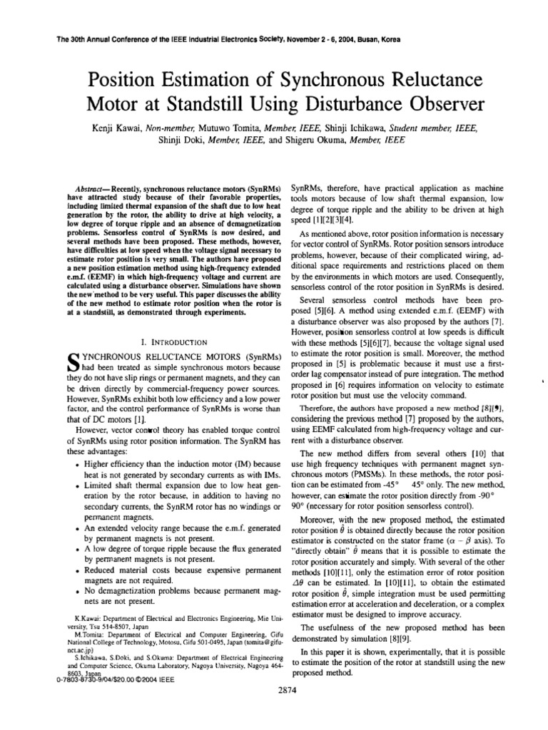 Position Estimation for Synchronous Motors | PDF | Electric Motor ...