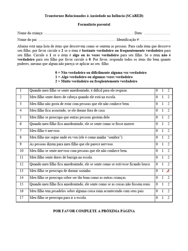 Formulário de Ansiedade Infantil SCARED | PDF | Ansiedade