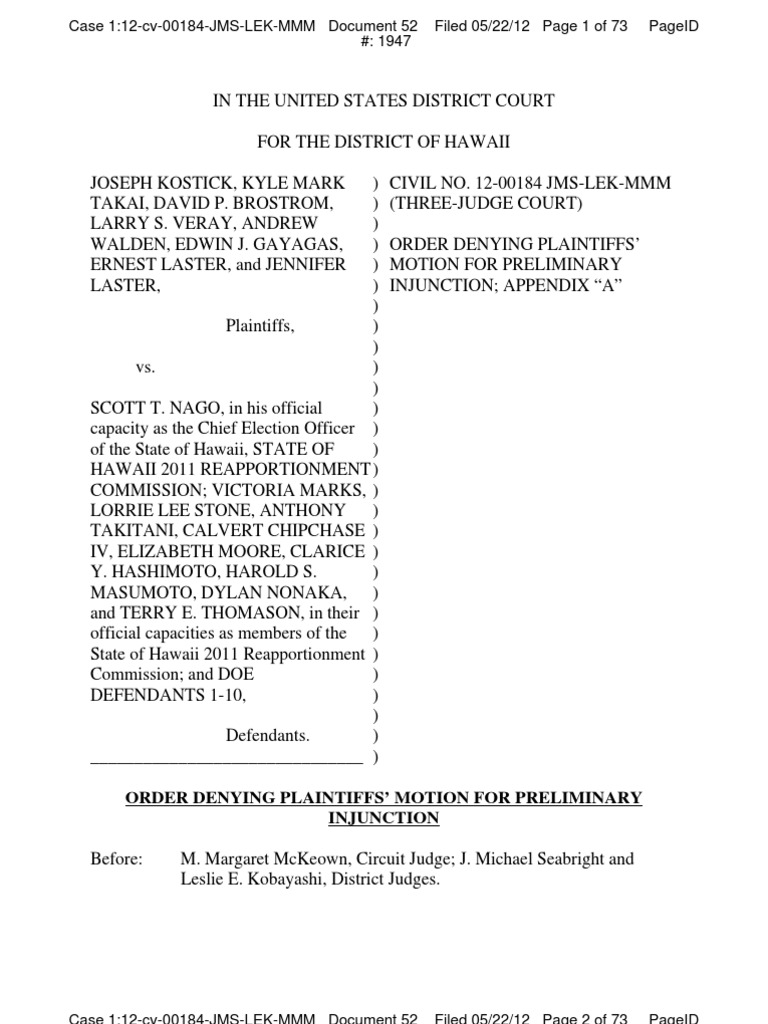Order Denying Plaintiffs Motion For Preliminary Injunction, Kostick v ...