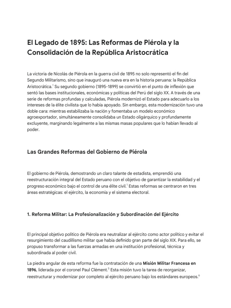 Reformas de Piérola y República Aristocrática | PDF | Perú | Militar