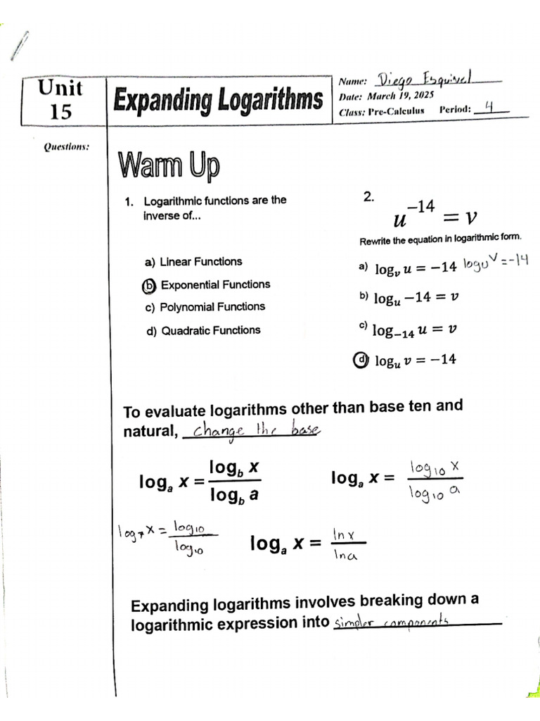 Unit 15 Solving Logarithmic Functions | PDF
