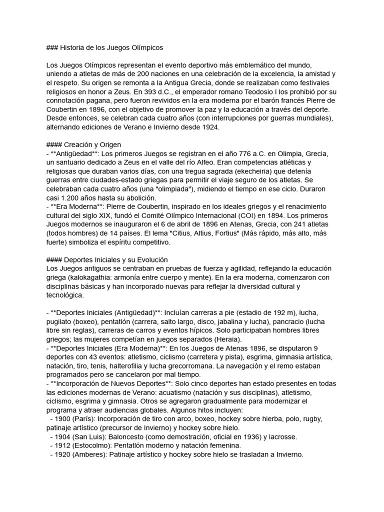 Historia y Evolución de los Juegos Olímpicos | PDF | Juegos olímpicos ...