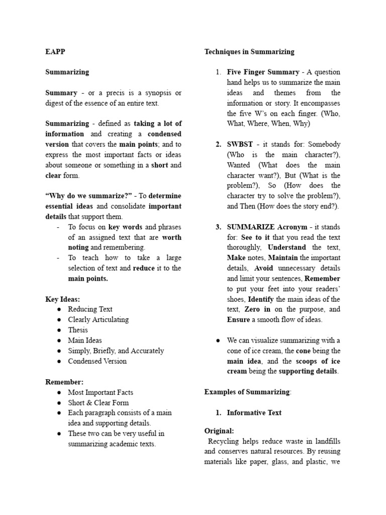 Effective Summarizing Techniques | PDF | Sentence (Linguistics) | Word