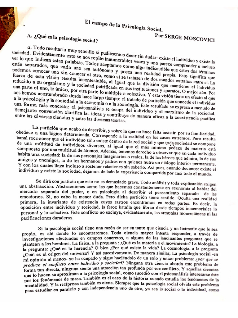 Moscovici El Campo de La Psicologia Social | PDF