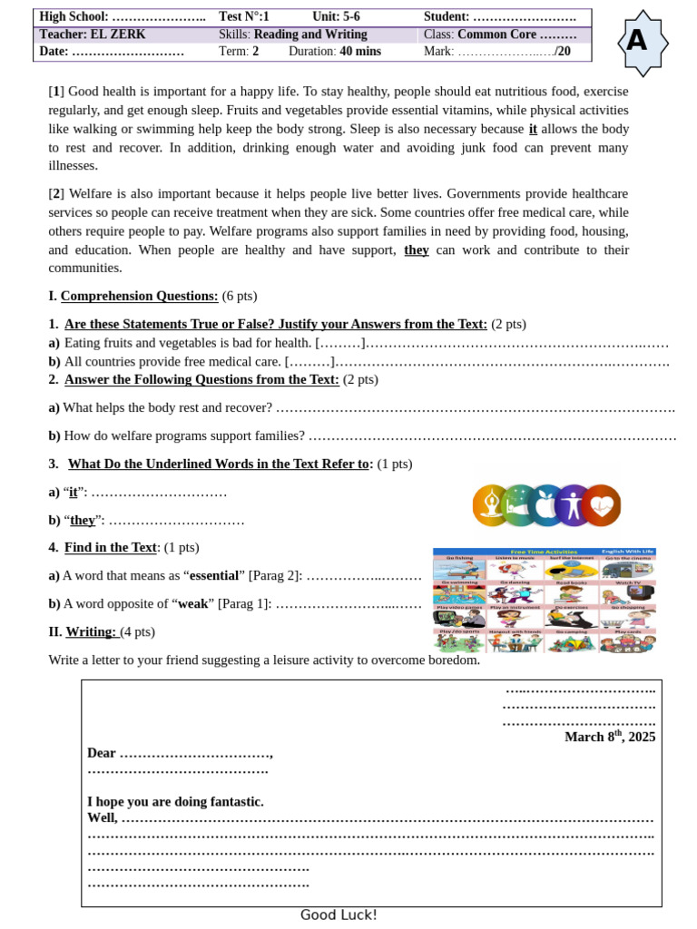Quiz 1 S2 Common Core Reading and Writing | PDF | Determinants Of Health