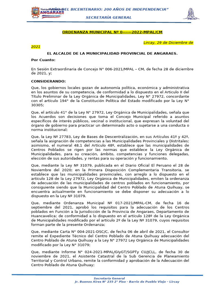 ORDENANZA #ADECUACION - Atuna Quihuay - SECCLLA | PDF | Gobierno local ...