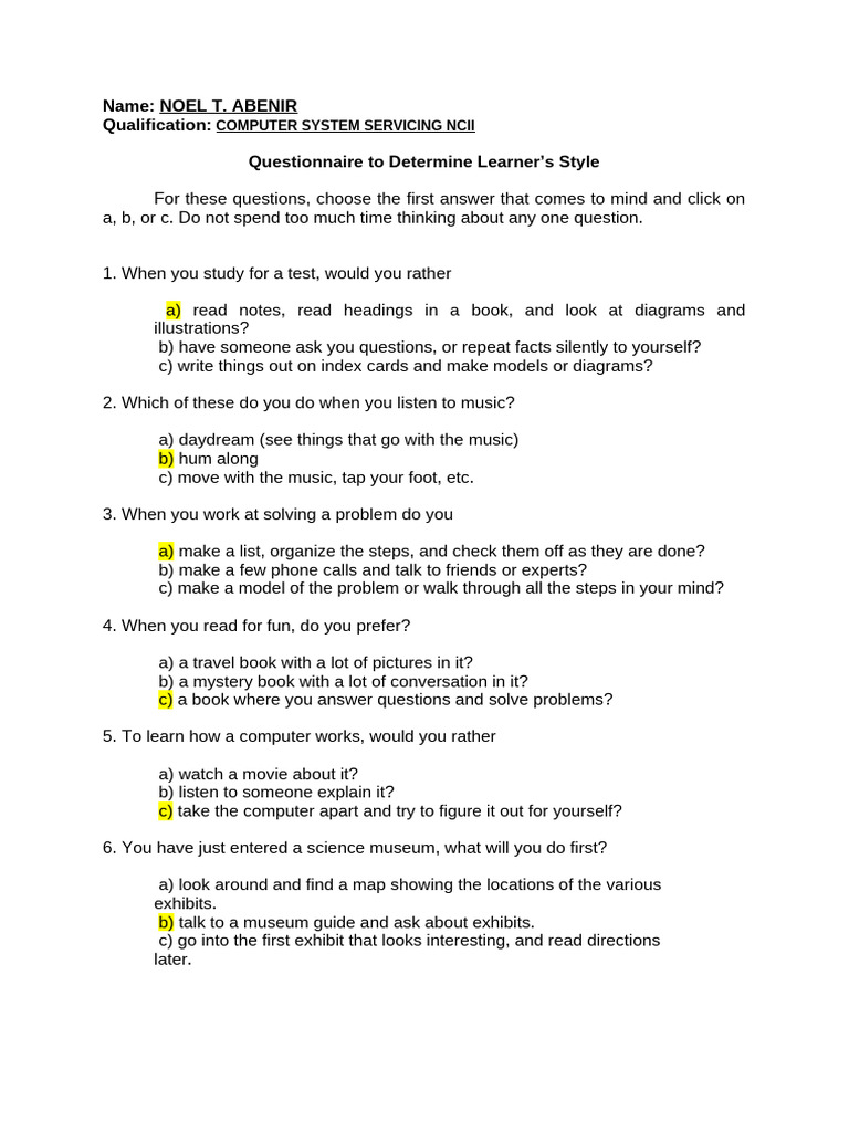 Learning Style Questionnaire Guide | PDF | Cognition