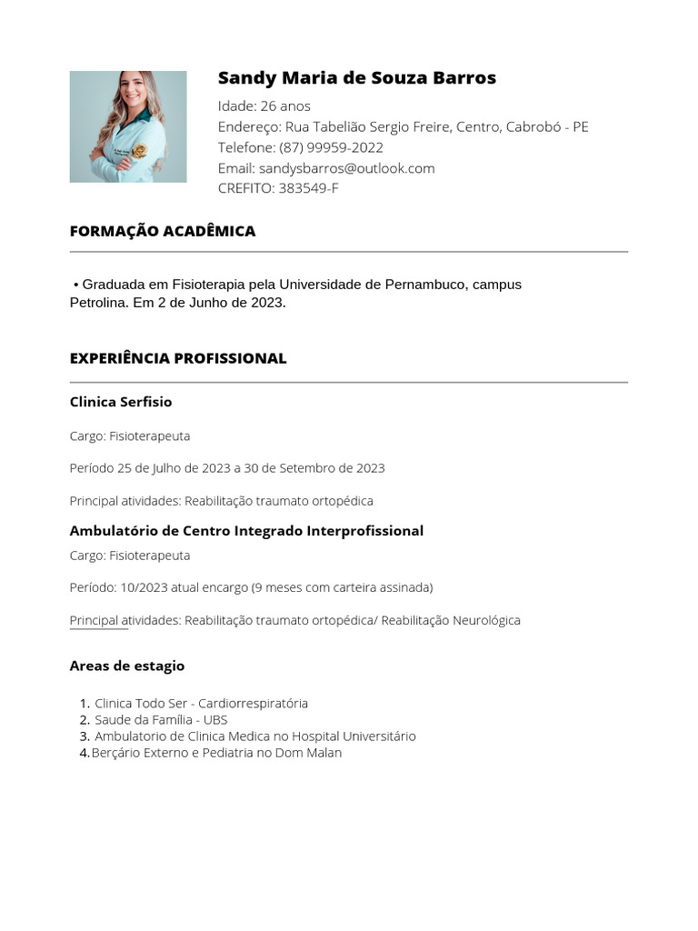Currículo de Fisioterapeuta Sandy Barros | PDF