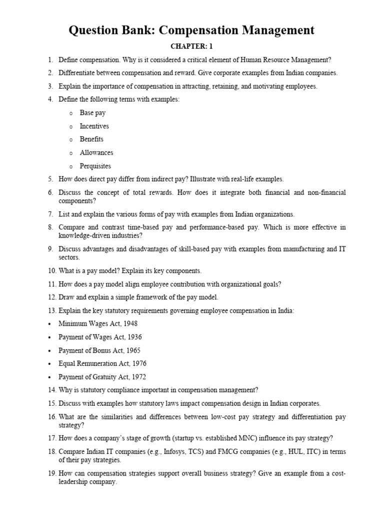 Compensation Management Question Bank | PDF | Incentive | Employment