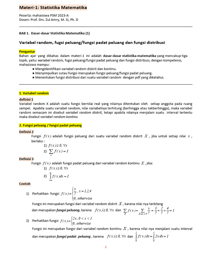 Dasar Statistika Matematika: Variabel dan Fungsi | PDF