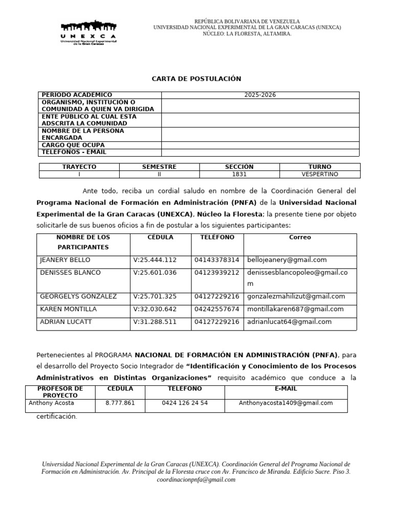 Postulación PNFA 2025-2026 UNEXCA | PDF
