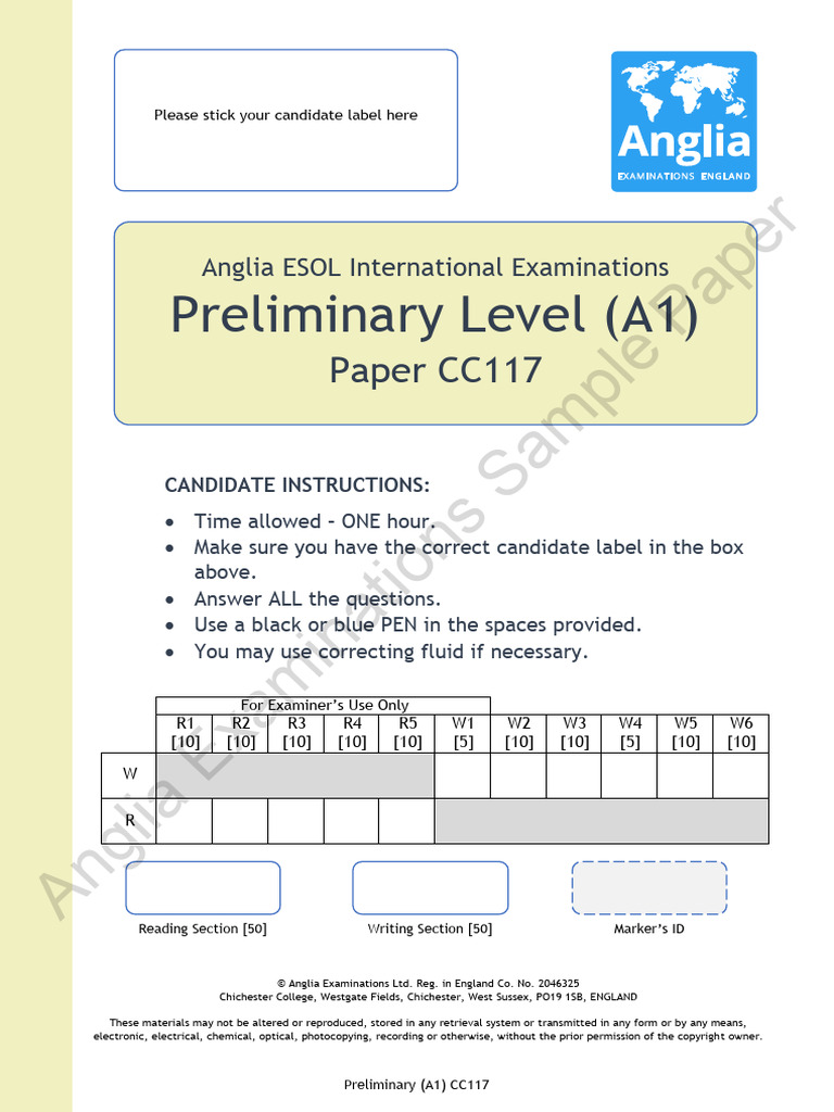 Preliminary A1 English Exam Sample Paper | PDF