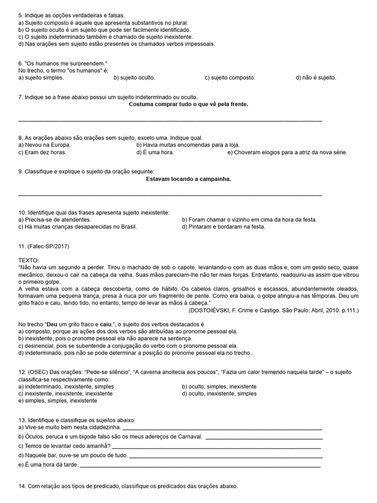 Tipos de Sujeito e Predicado em Português | PDF | Assunto (gramática ...