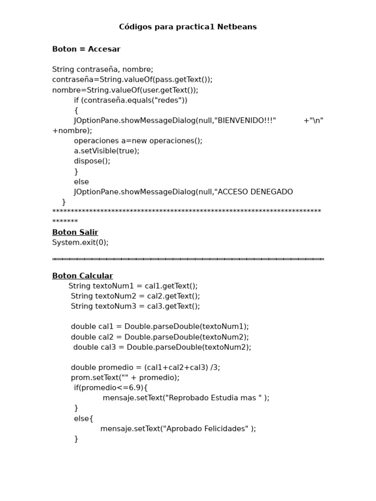 Códigos de práctica en NetBeans | PDF