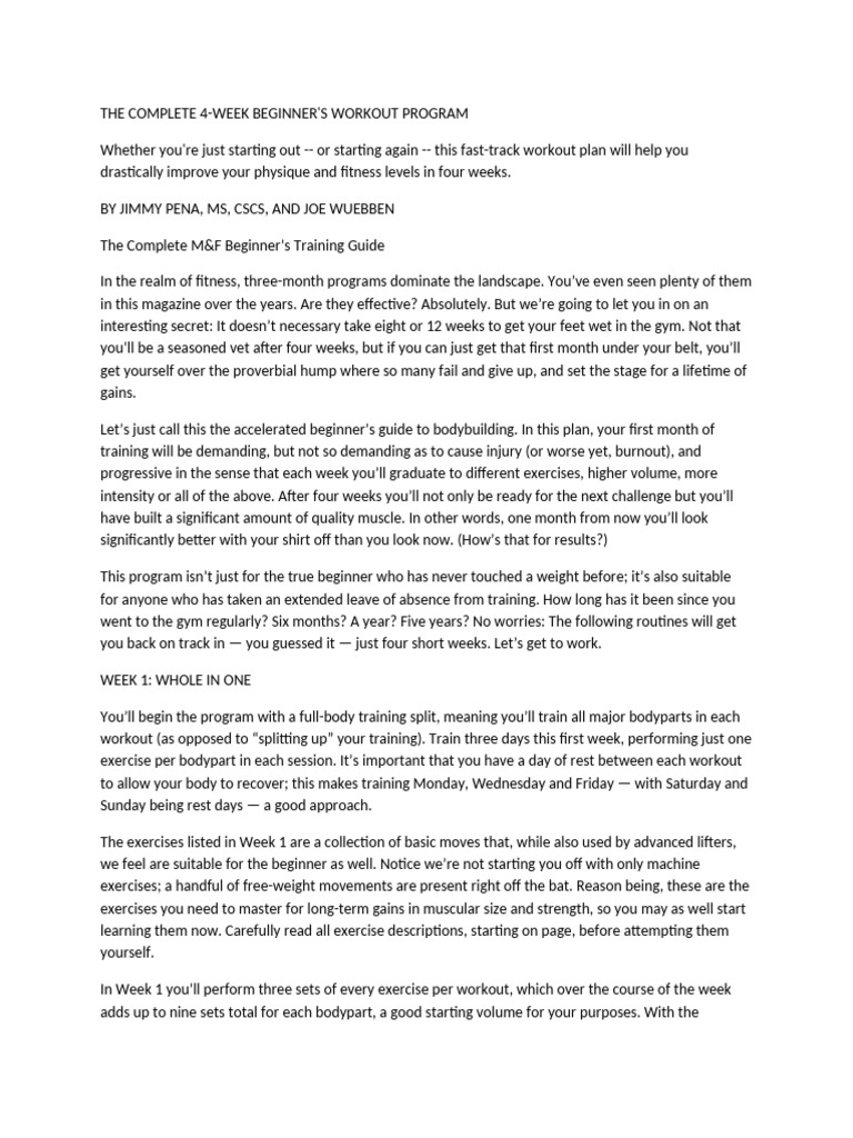 The Complete 4-Week Beginner's Workout Program | PDF | Strength ...