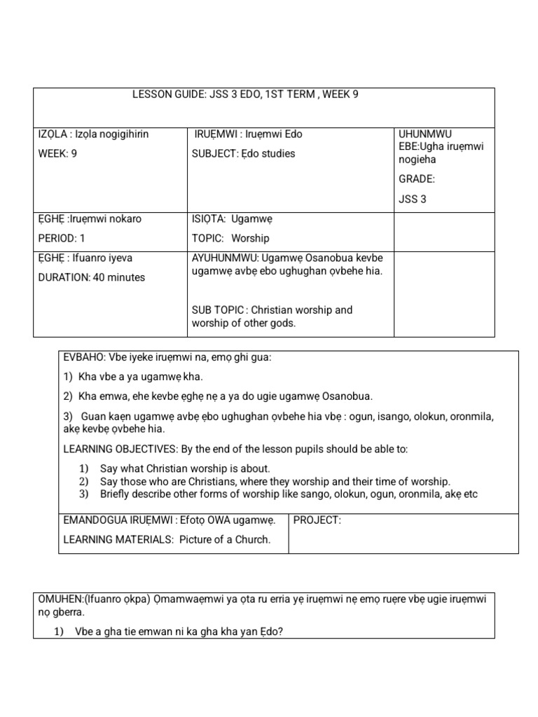 JSS 3 Edo Studies: Worship Lesson Plan | PDF | Learning