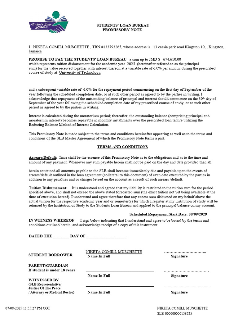 Niketa Muschette Student Loan Agreement | PDF | Promissory Note | Interest