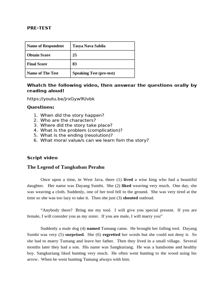 Tangkuban Perahu Story Pre-Test Guide | PDF