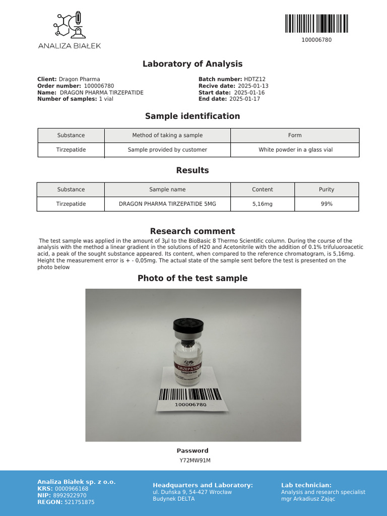 tirzepatide samples Tirzepatide Analysis Report for Dragon Pharma | PDF | Laboratory Techniques